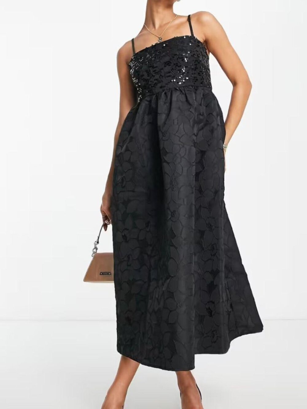 Pieces Premium cami strap baby doll midi dress with sequins in black